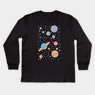 Neon Geometric Space on Black Kids Long Sleeve T-Shirt